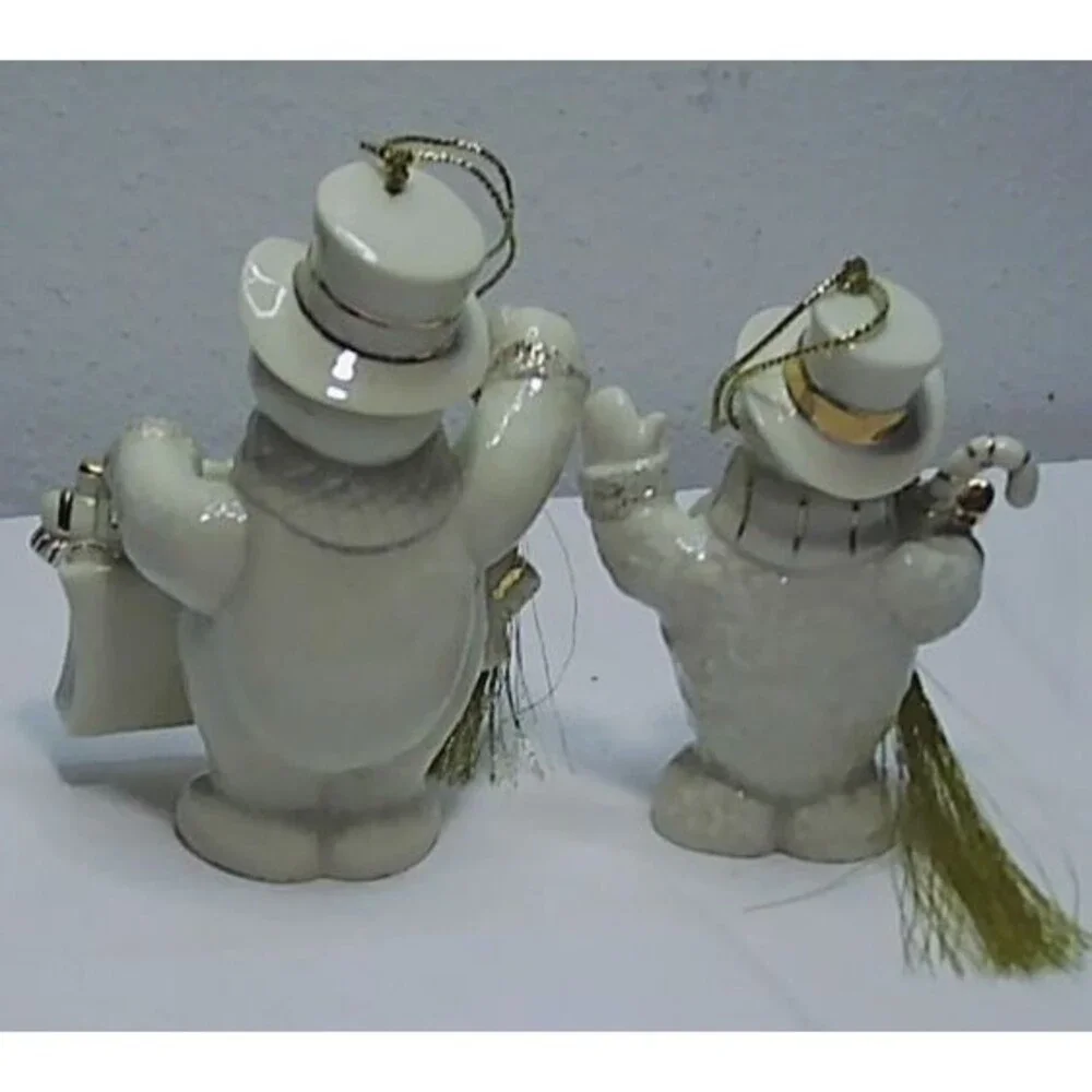 Pair of Vtg Lenox Ivory China Snowman Christmas Ornaments Gold Accents 3.75-4.25